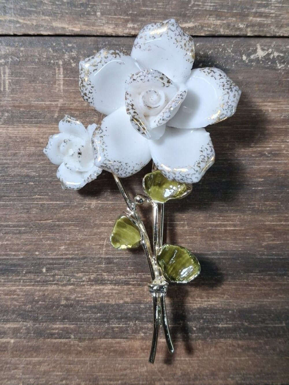 1950's White Rose Brooch Pin Coro Gold Leaf Enamel Delicate Vtg Porcelain Glam